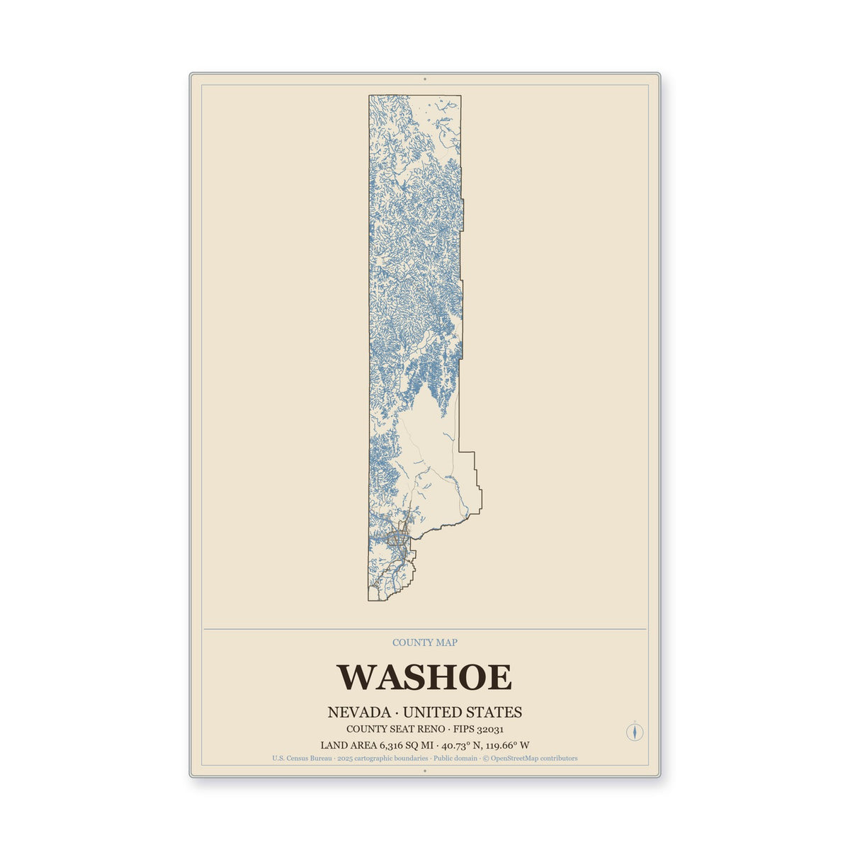 Washoe County, Nevada Map Aluminum Sign in Heritage Nautical style