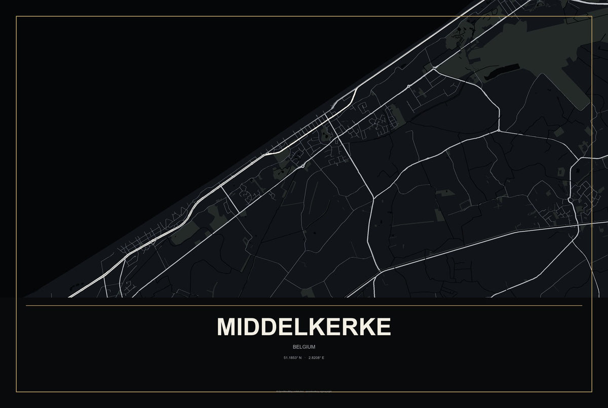 Middelkerke, Belgium City Map Aluminum Sign in Metropolitan Noir style