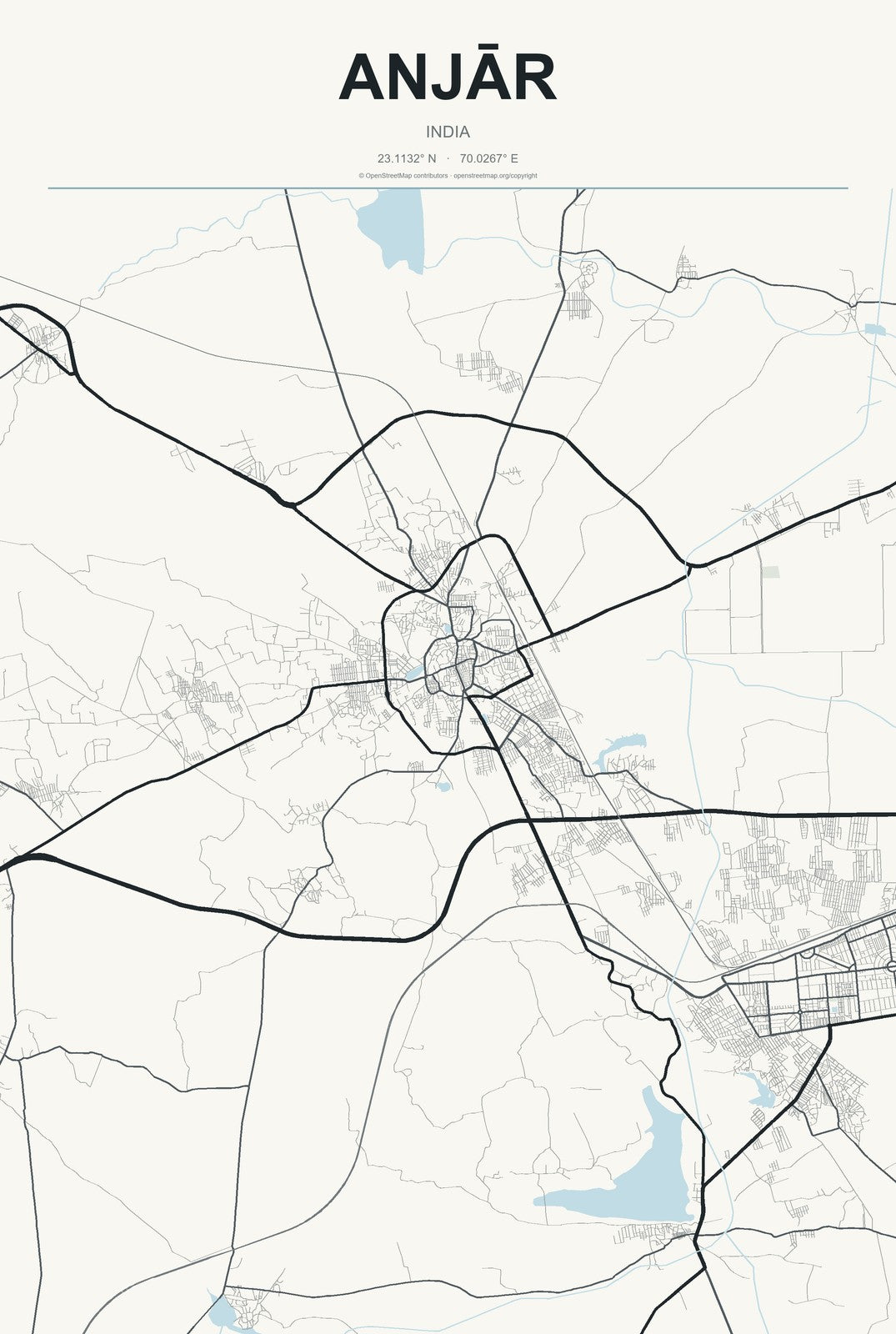 Anjār, India City Map Aluminum Sign in Headline Atlas style