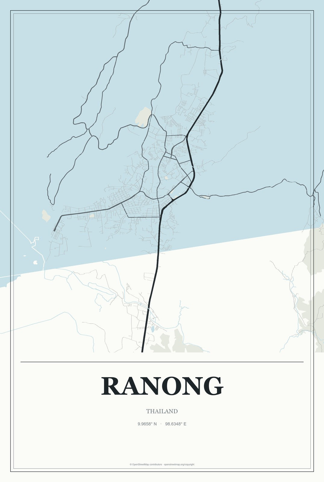 Ranong, Thailand City Map Aluminum Sign in Gallery Air style