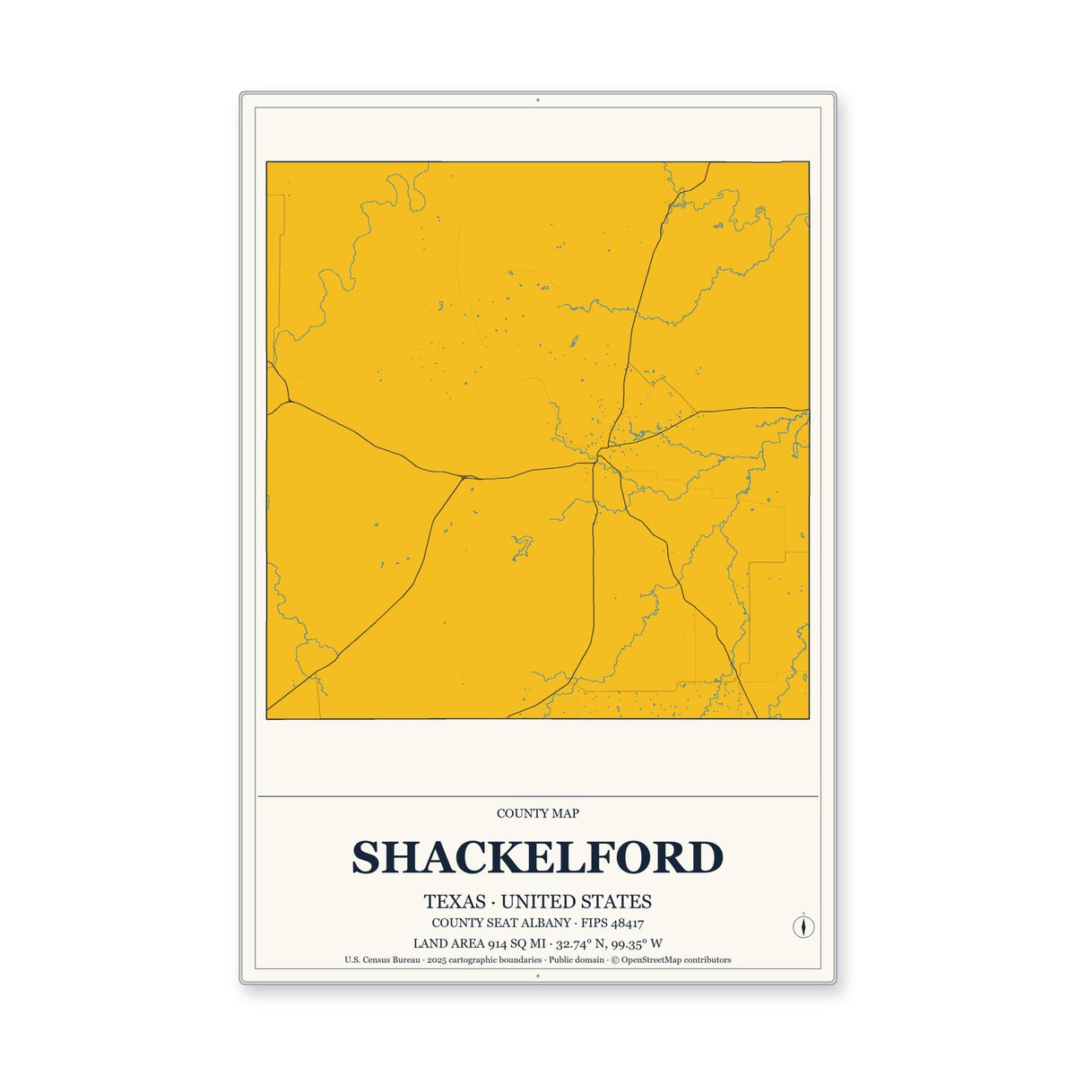 Shackelford County, Texas Map Aluminum Sign in Citrine Modern style