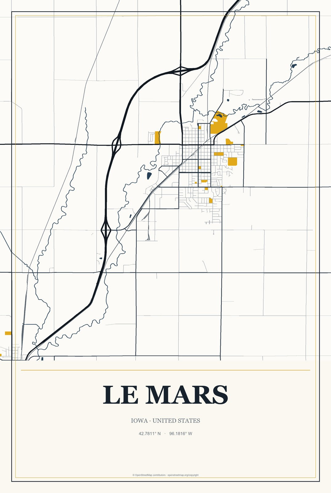 Le Mars, Iowa City Map Aluminum Sign in Citrine Modern style