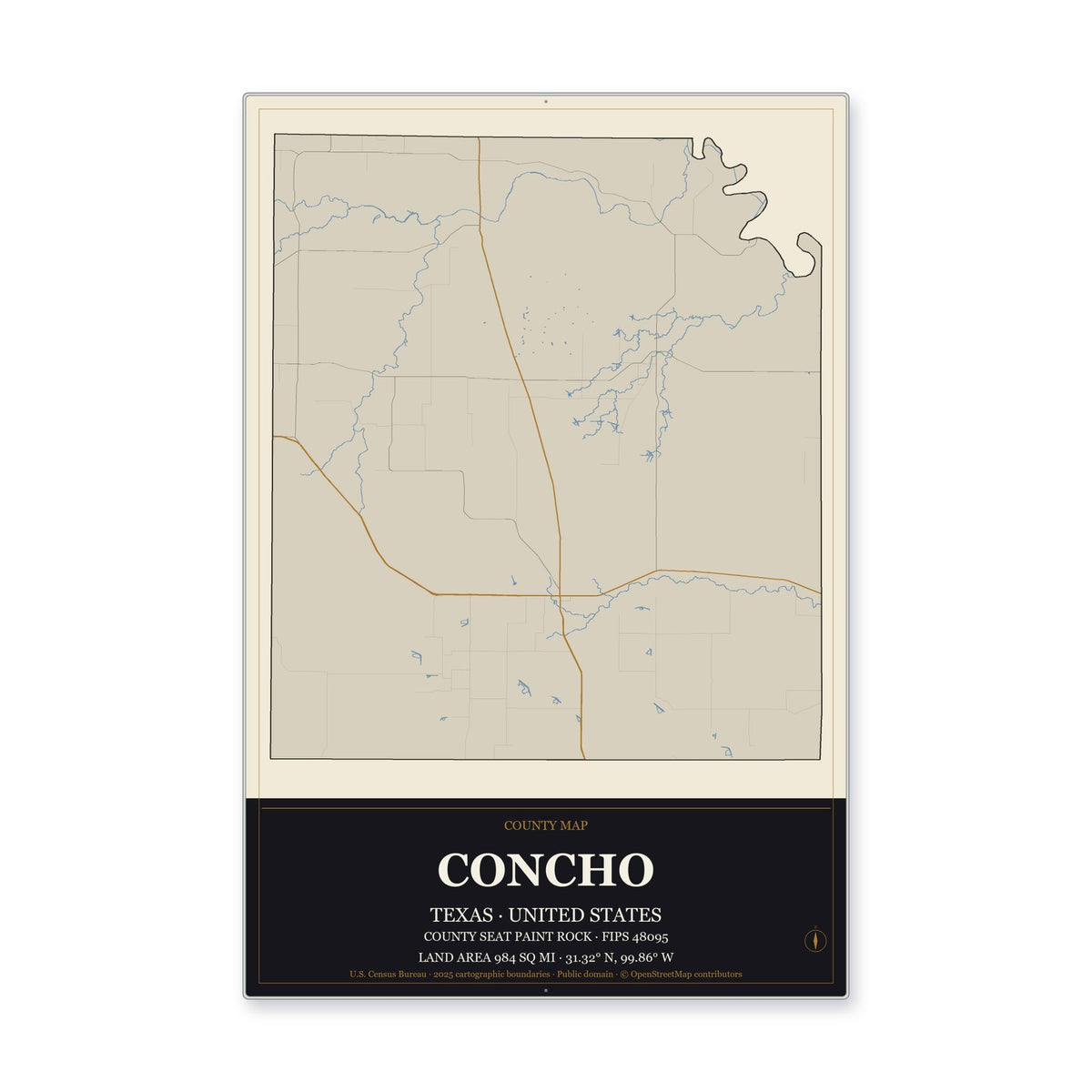 Concho County, Texas Map Aluminum Sign in Museum Plaque style