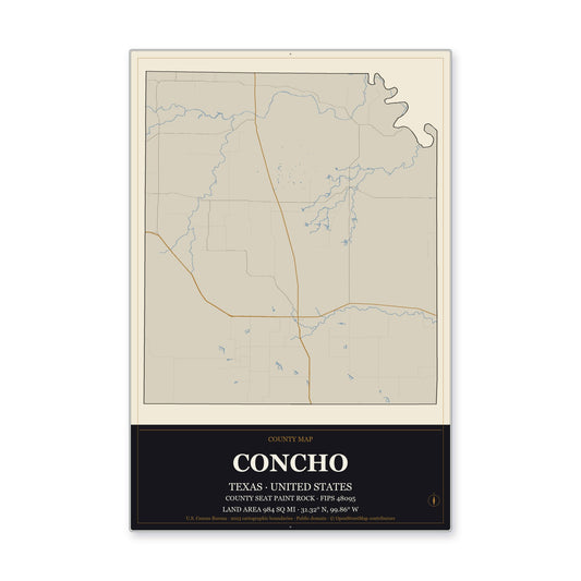 Concho County, Texas Map Aluminum Sign in Museum Plaque style