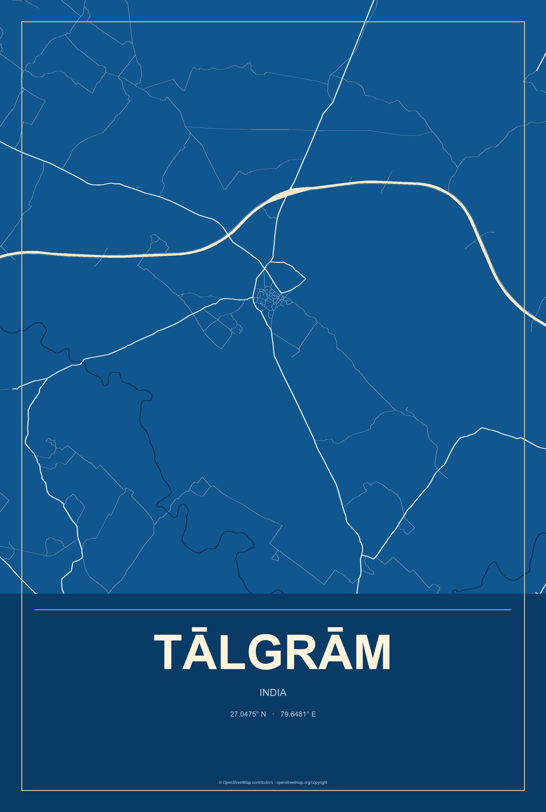 Tālgrām, India City Map Aluminum Sign in Harbor Cobalt style