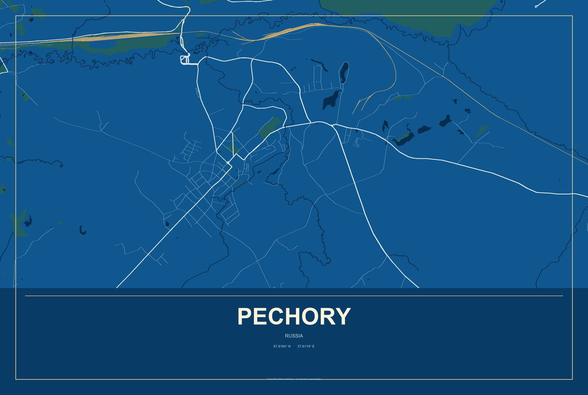 Pechory, Russia City Map Aluminum Sign in Harbor Cobalt style