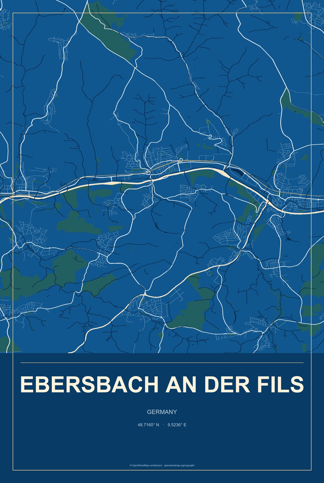 Ebersbach an der Fils, Germany City Map Aluminum Sign in Harbor Cobalt style