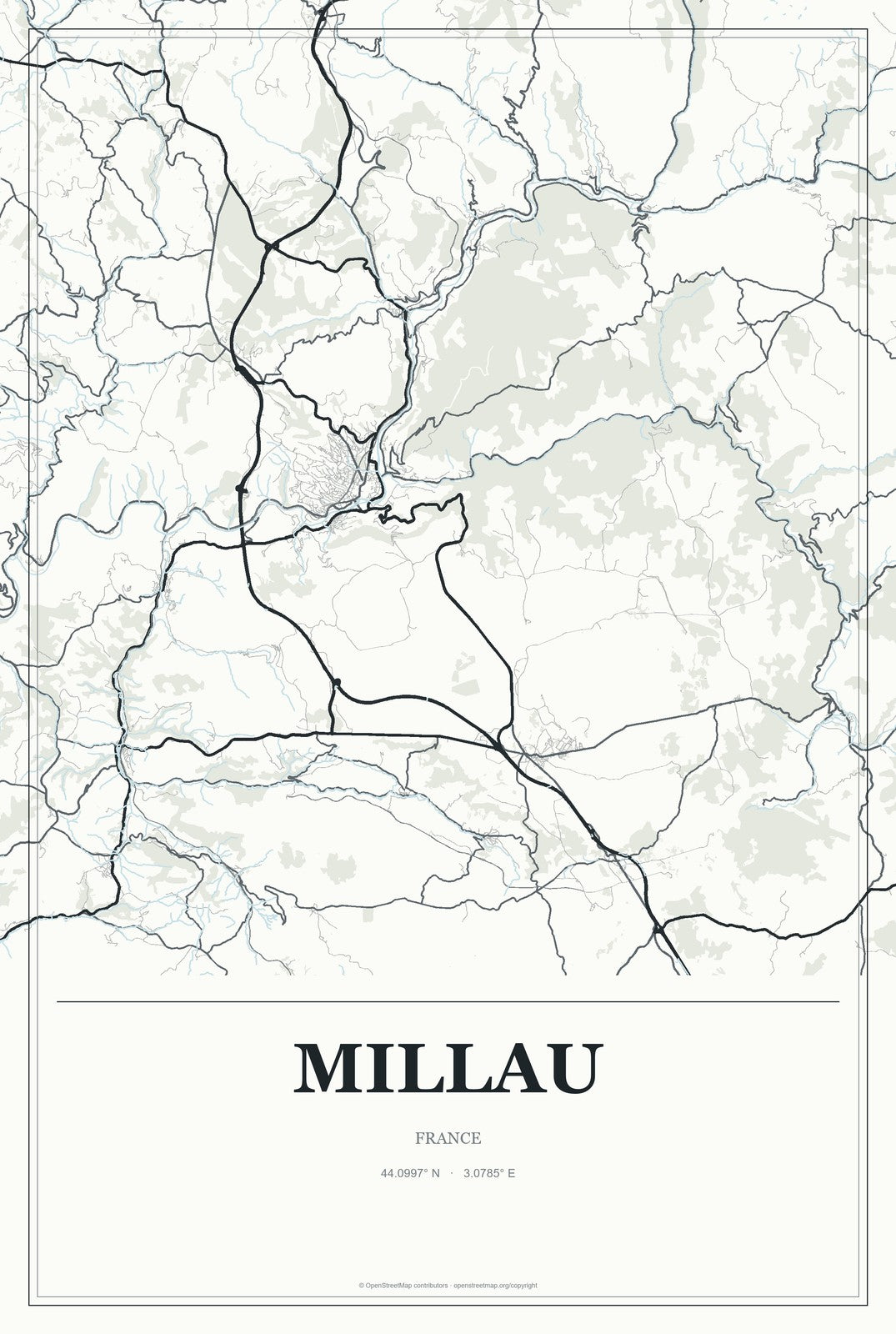 Millau, France City Map Aluminum Sign in Gallery Air style