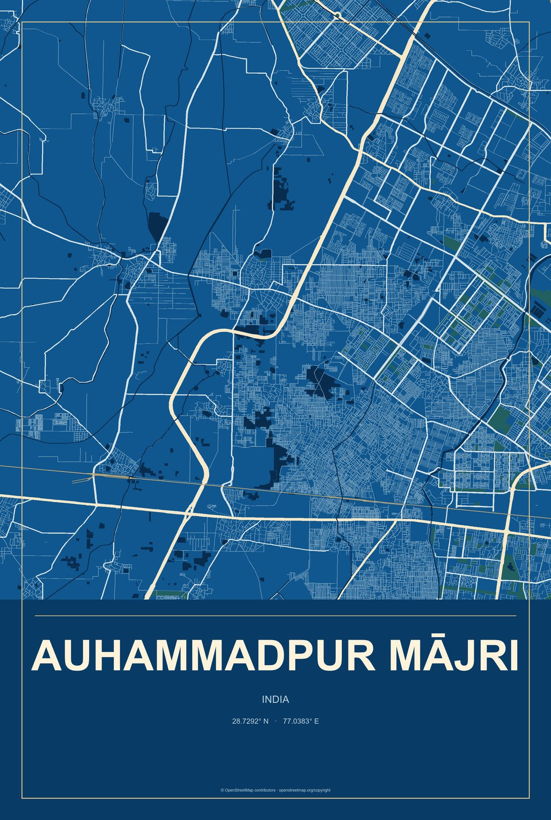 Auhammadpur Mājri, India City Map Aluminum Sign in Harbor Cobalt style