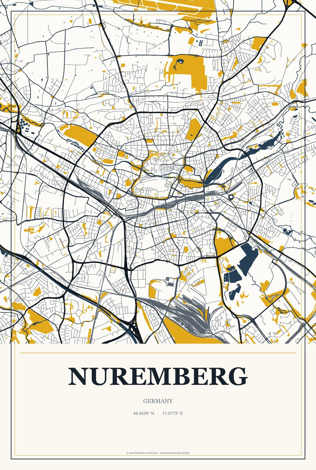 Nuremberg, Germany City Map Aluminum Sign in Citrine Modern style