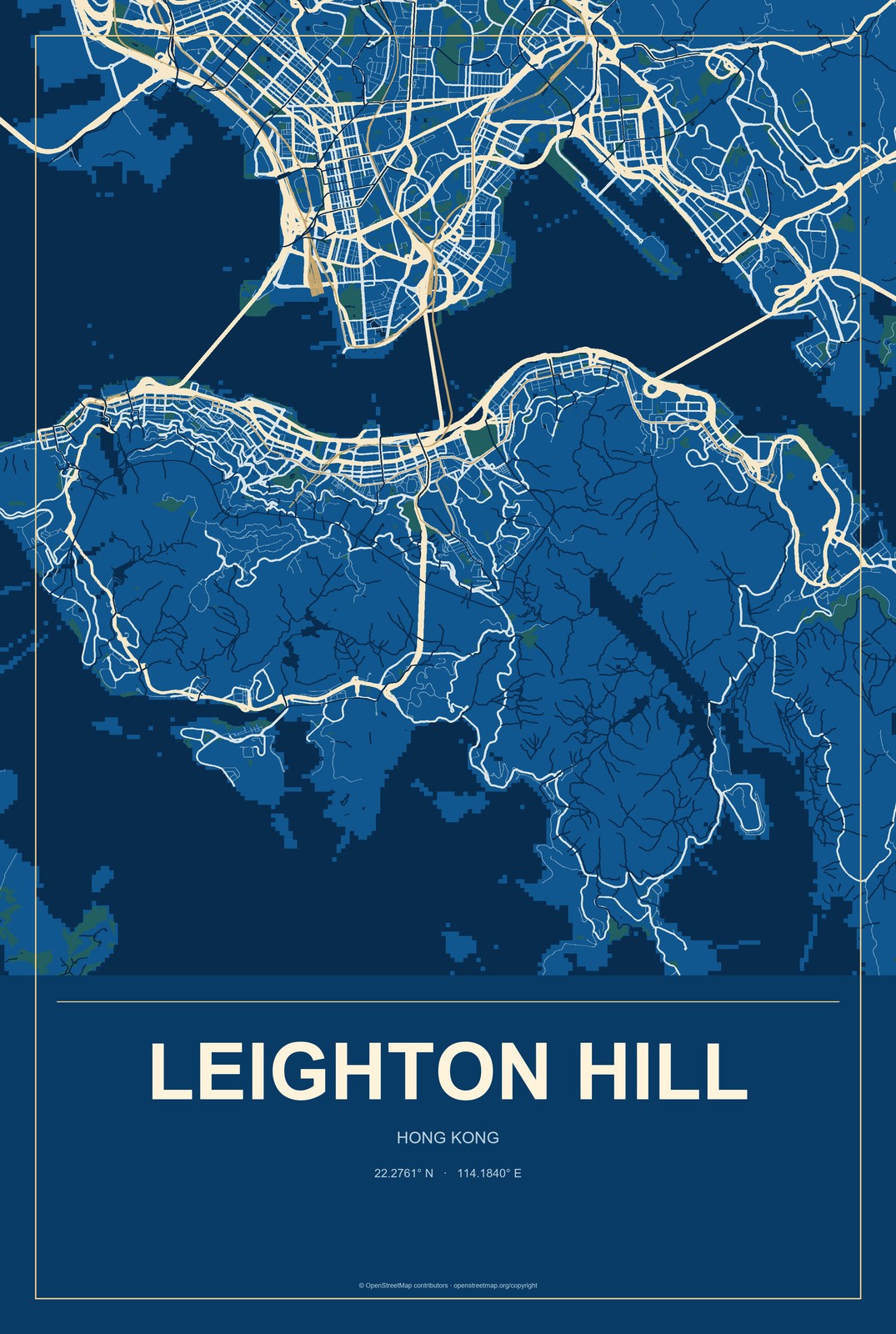 Leighton Hill, Hong Kong City Map Aluminum Sign in Harbor Cobalt style