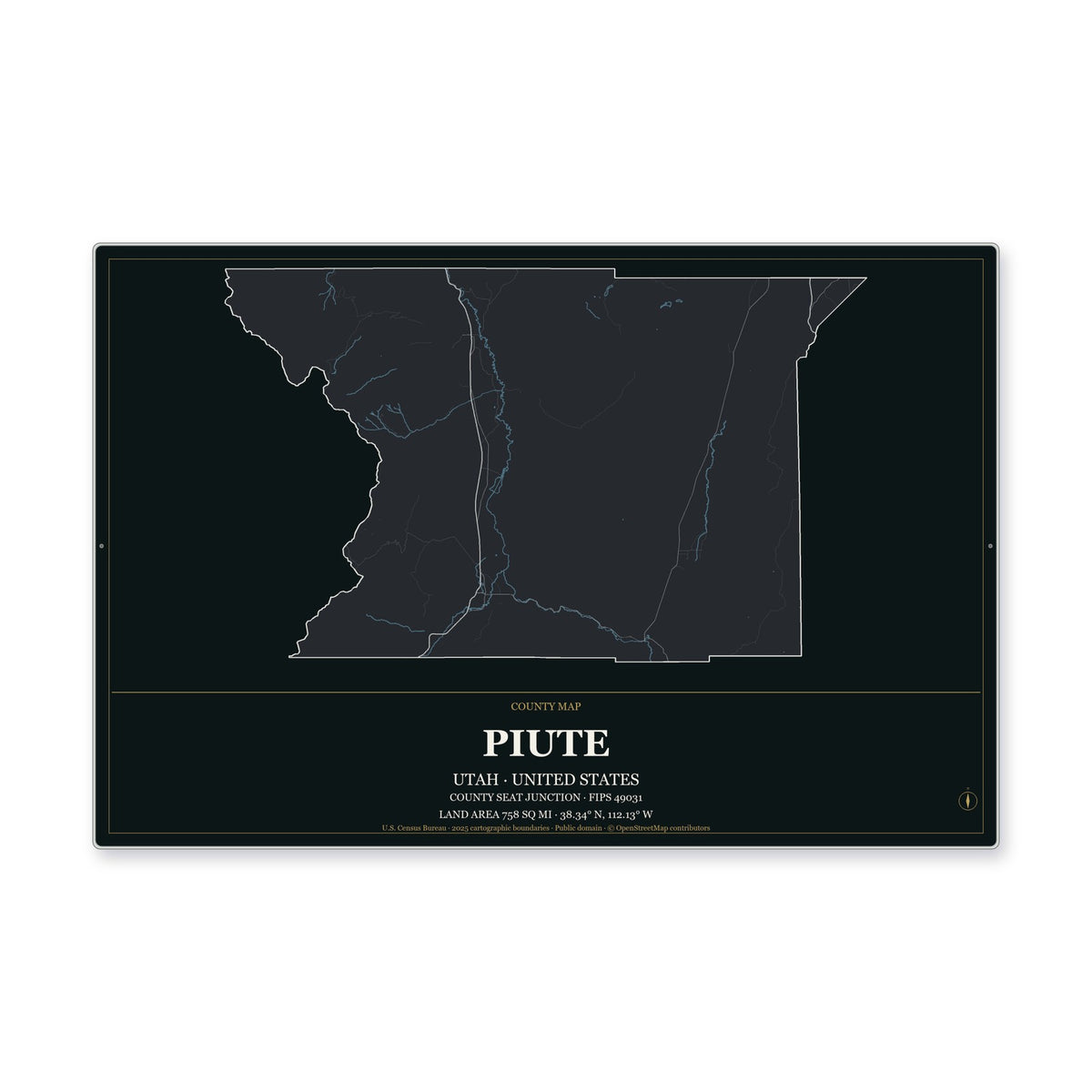 Piute County, Utah Map Aluminum Sign in Metropolitan Noir style
