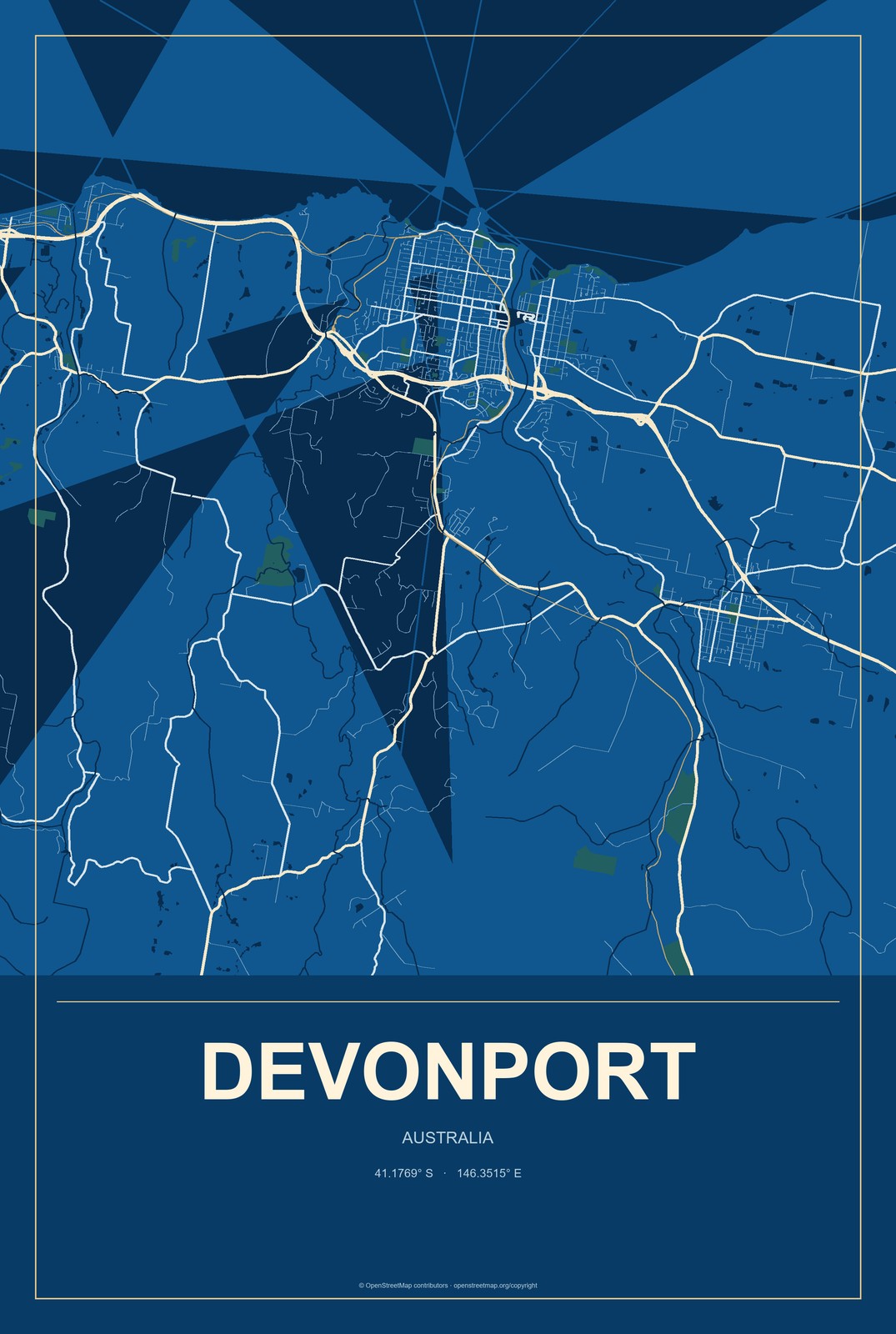 Devonport, Australia City Map Aluminum Sign in Harbor Cobalt style
