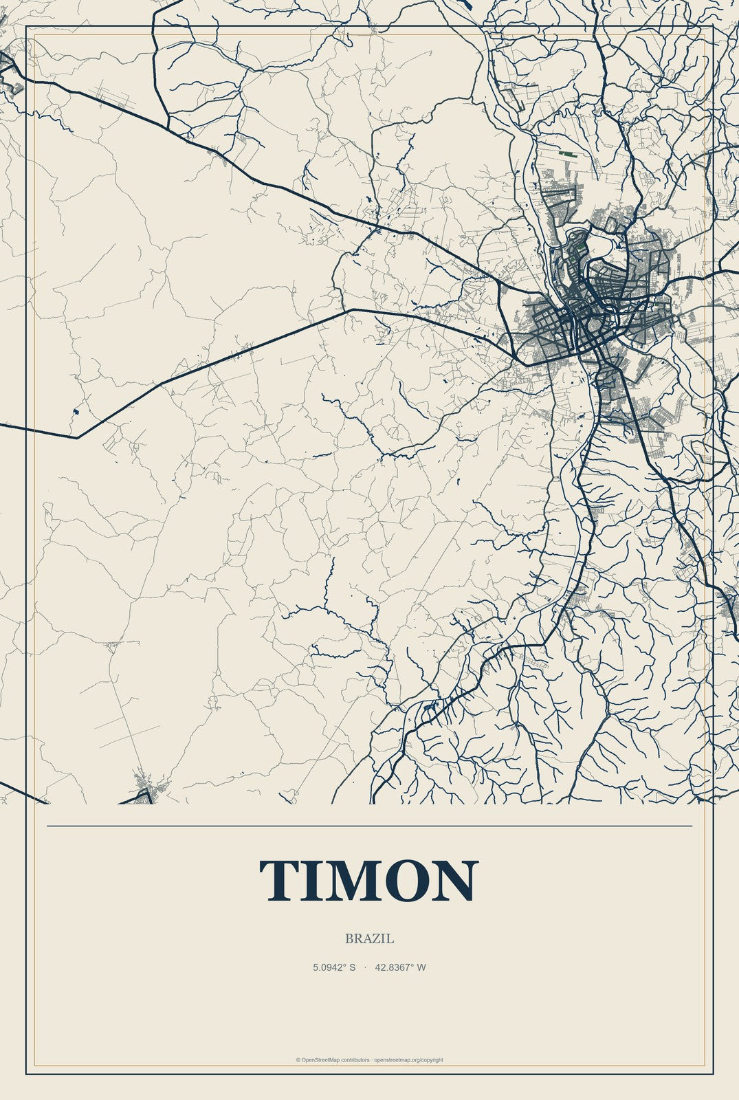 Timon, Brazil City Map Aluminum Sign in Coastal Cutout style