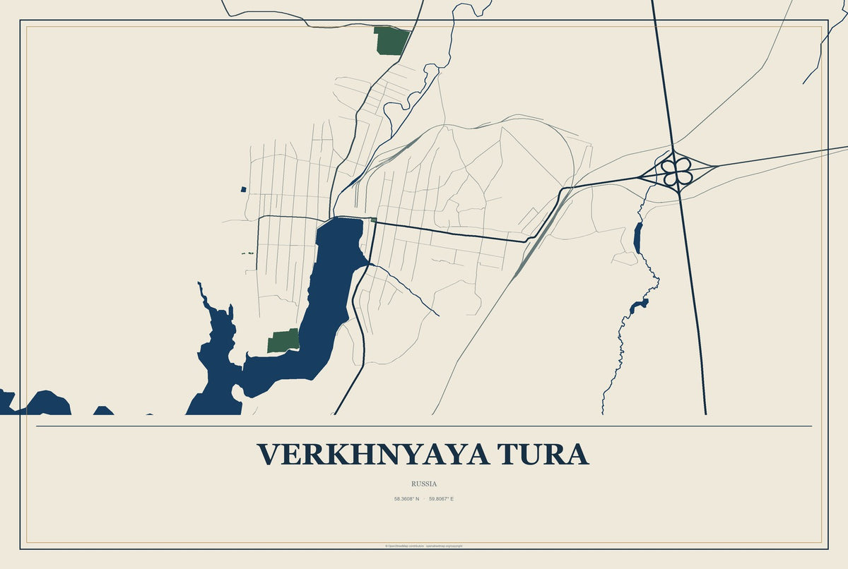 Verkhnyaya Tura, Russia City Map Aluminum Sign in Coastal Cutout style