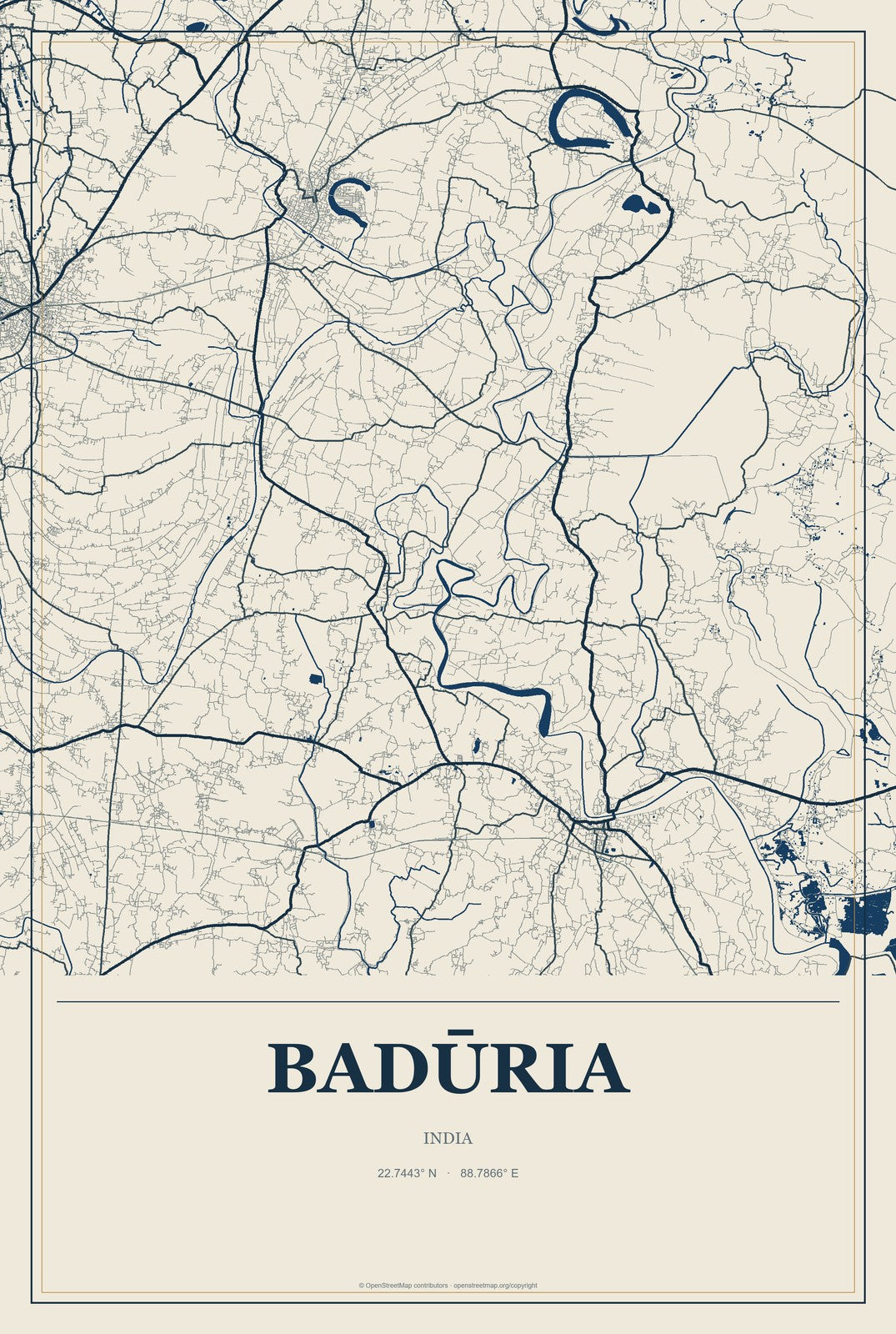 Badūria, India City Map Aluminum Sign in Coastal Cutout style