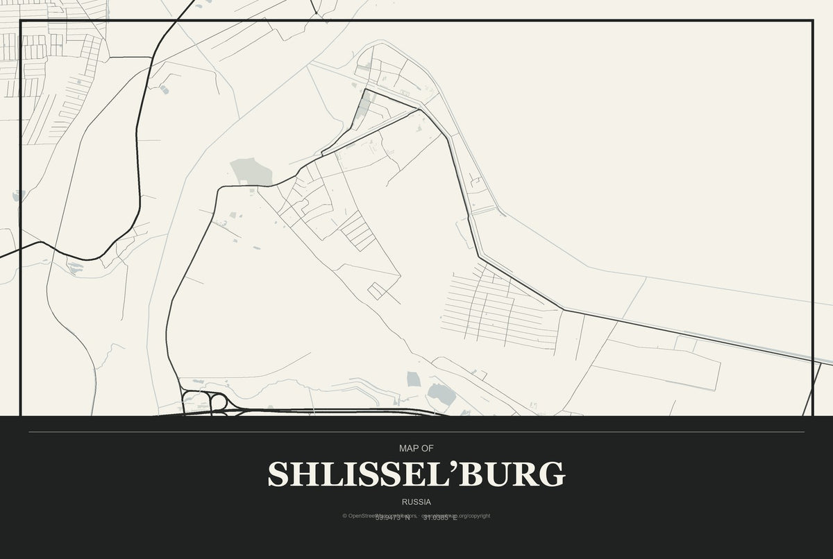 Shlissel’burg, Russia City Map Aluminum Sign in Museum Plaque style