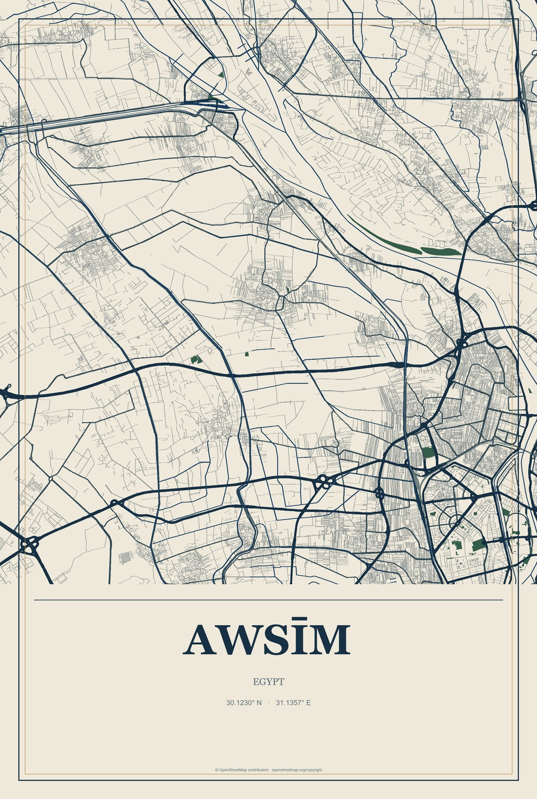 Awsīm, Egypt City Map Aluminum Sign in Coastal Cutout style