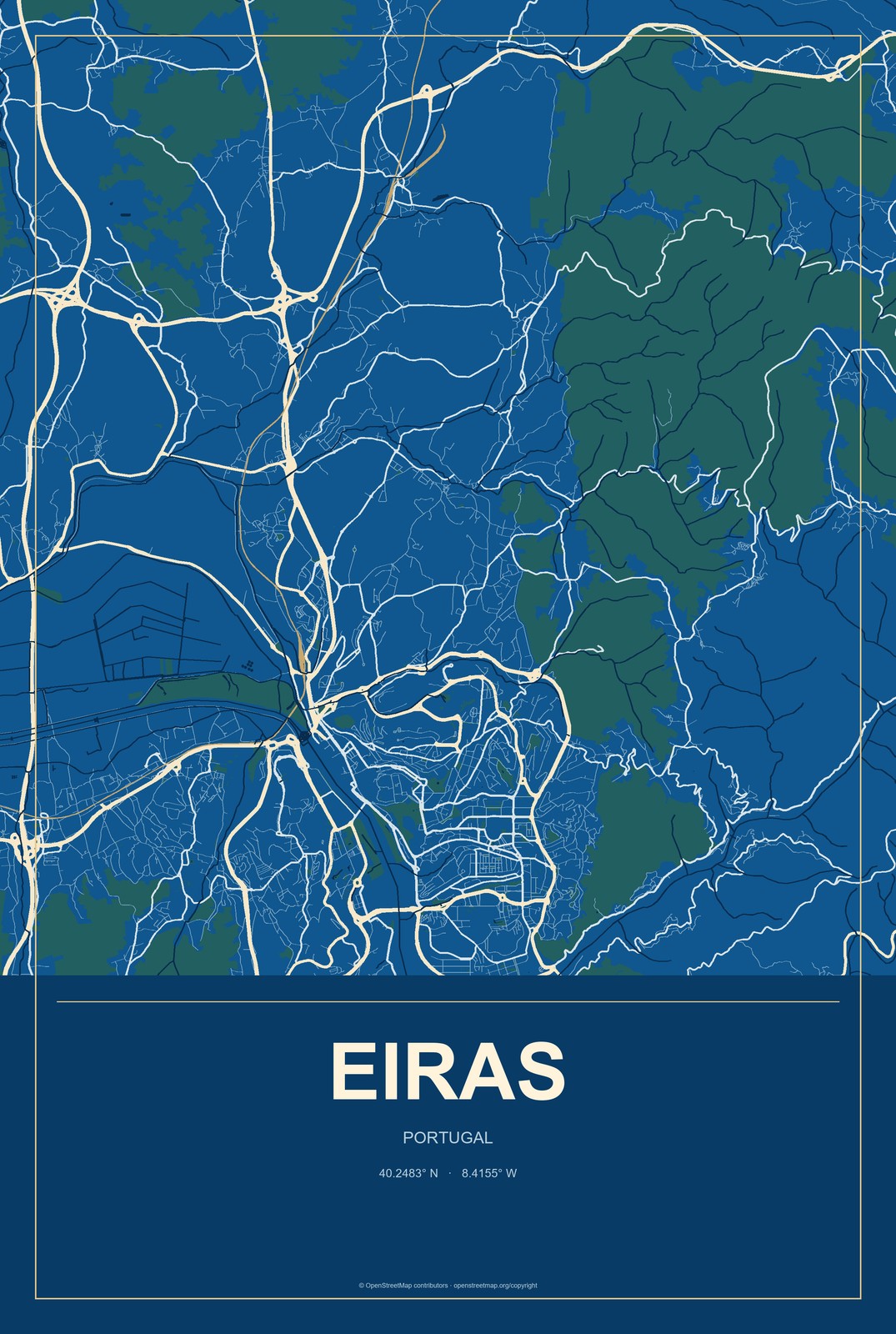 Eiras, Portugal City Map Aluminum Sign in Harbor Cobalt style