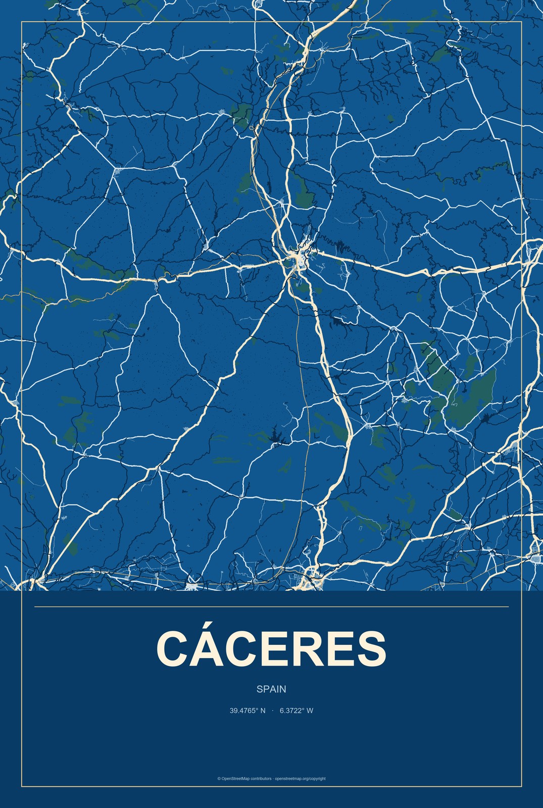 Cáceres, Spain City Map Aluminum Sign in Harbor Cobalt style