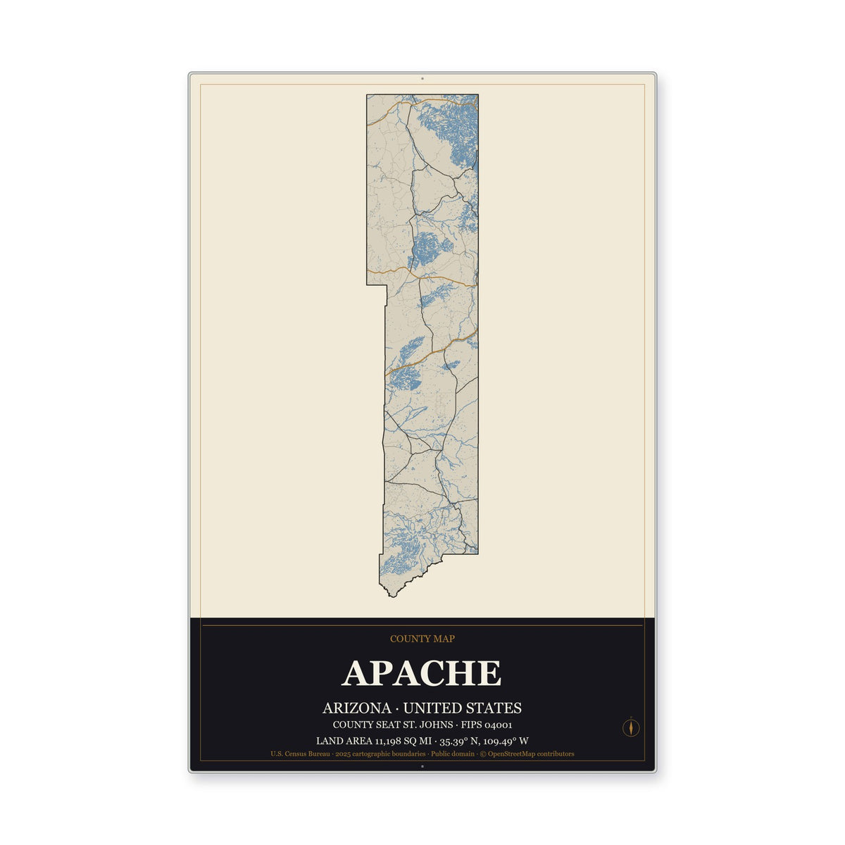 Apache County, Arizona Map Aluminum Sign in Museum Plaque style