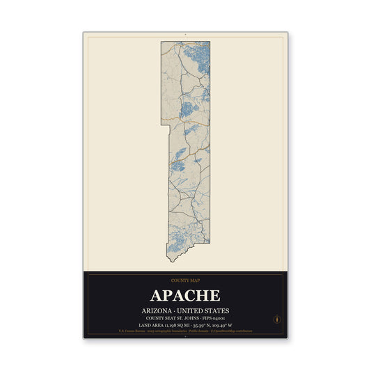 Apache County, Arizona Map Aluminum Sign in Museum Plaque style