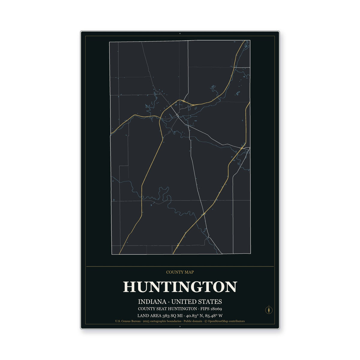 Huntington County, Indiana Map Aluminum Sign in Metropolitan Noir style