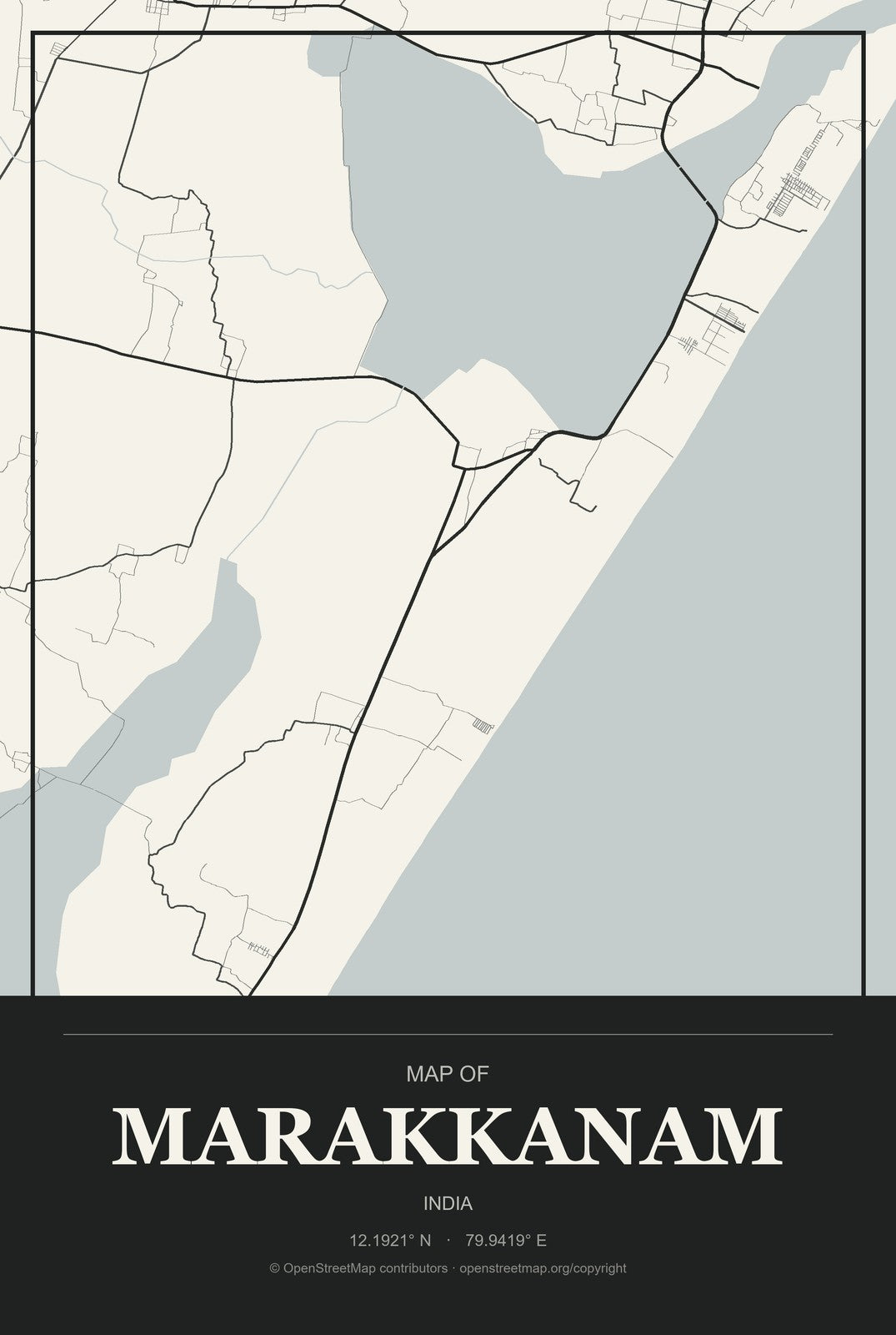 Marakkanam, India City Map Aluminum Sign in Museum Plaque style