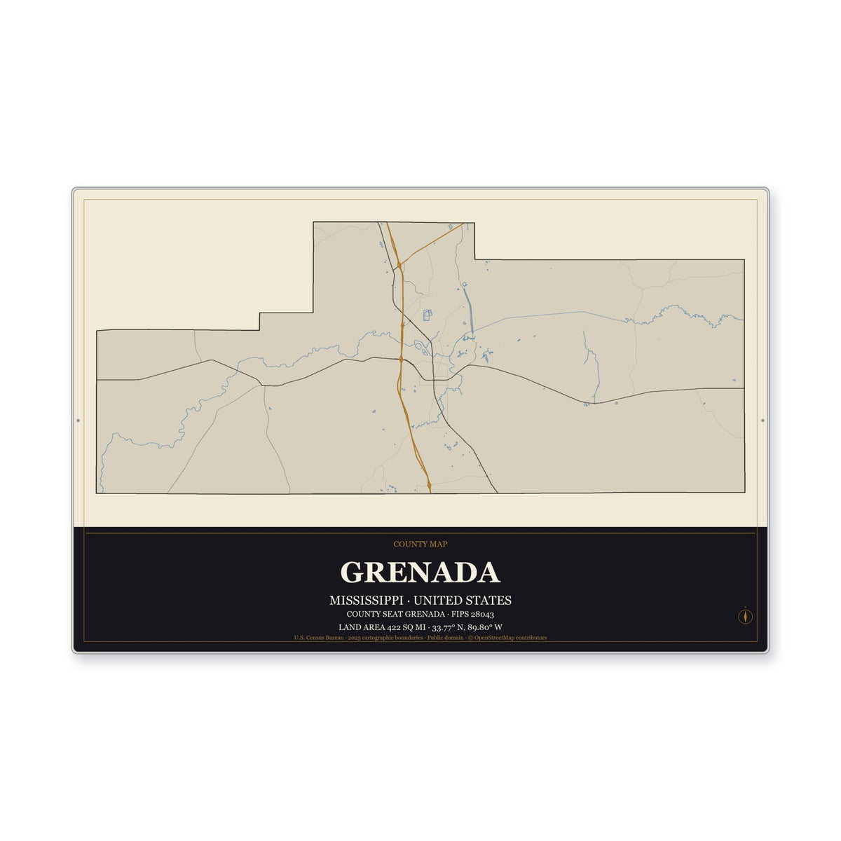 Grenada County, Mississippi Map Aluminum Sign in Museum Plaque style