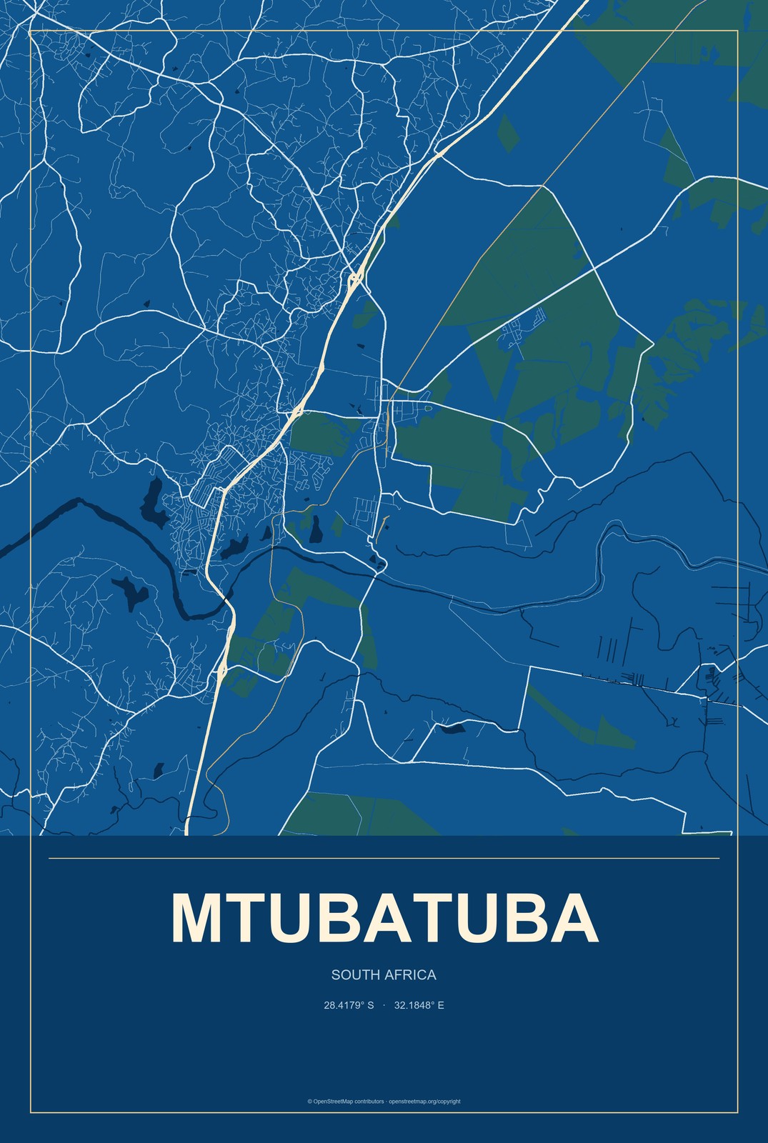 Mtubatuba, South Africa City Map Aluminum Sign in Harbor Cobalt style