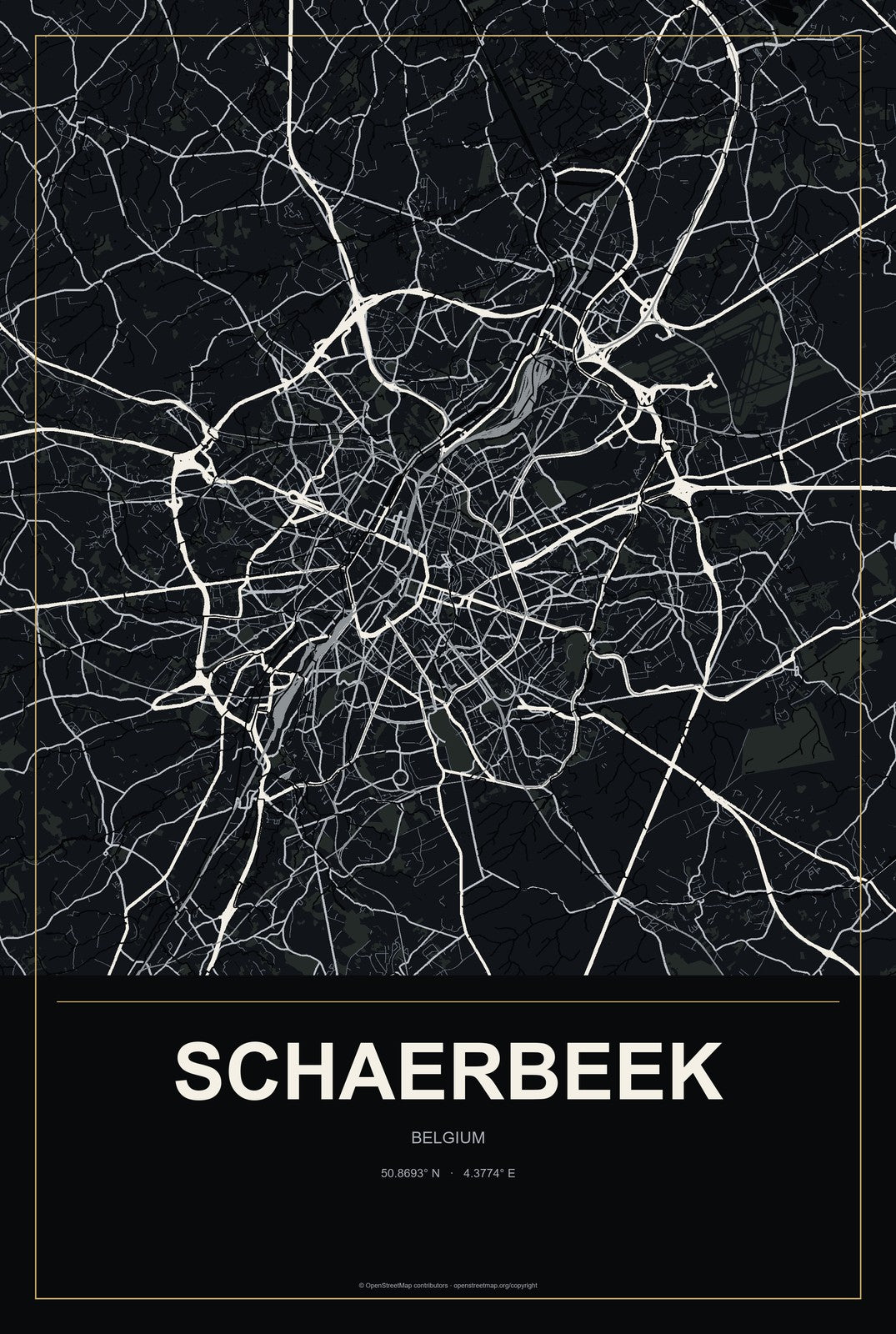Schaerbeek, Belgium City Map Aluminum Sign in Metropolitan Noir style