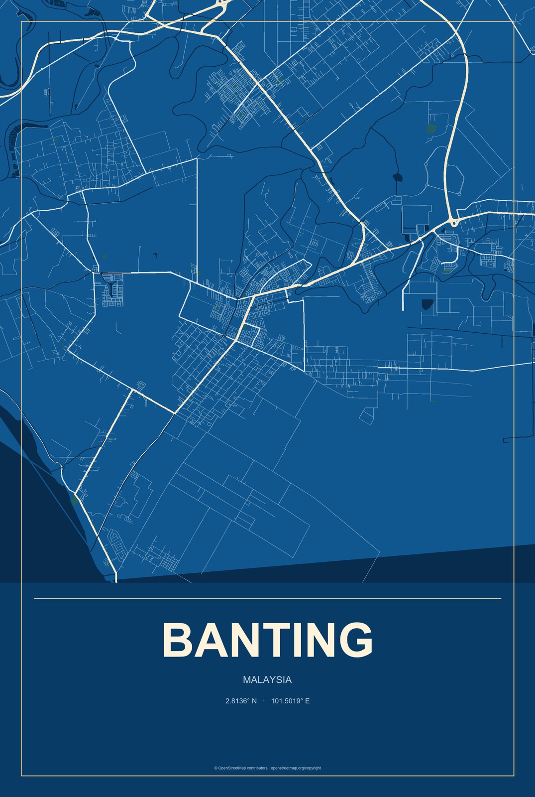 Banting, Malaysia City Map Aluminum Sign in Harbor Cobalt style
