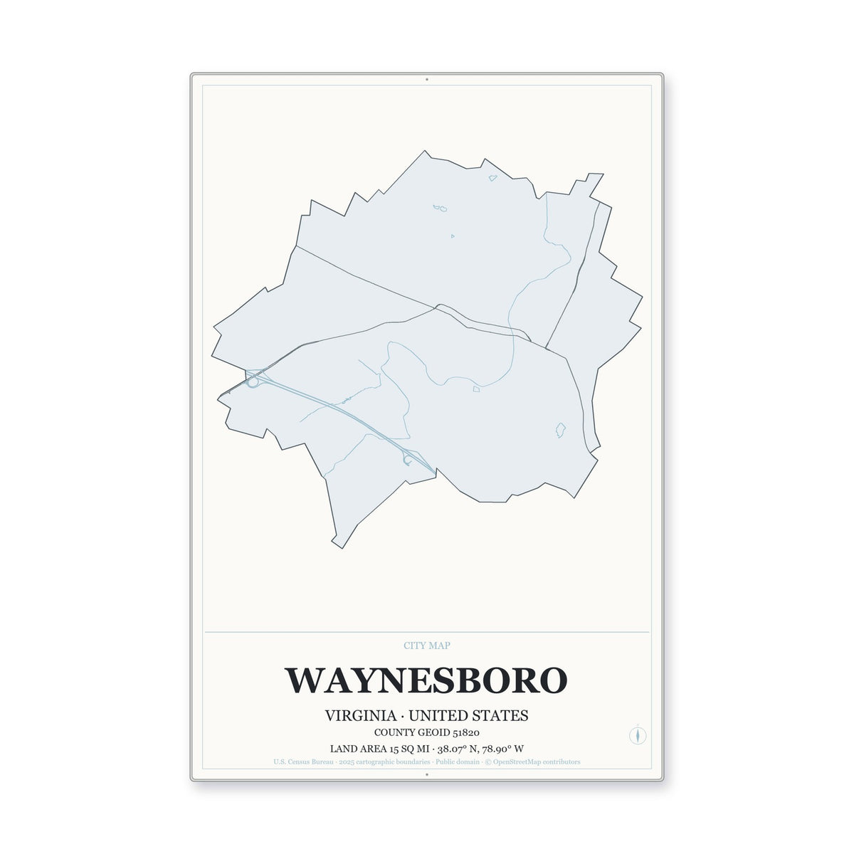 Waynesboro city, Virginia Map Aluminum Sign in Gallery Air style