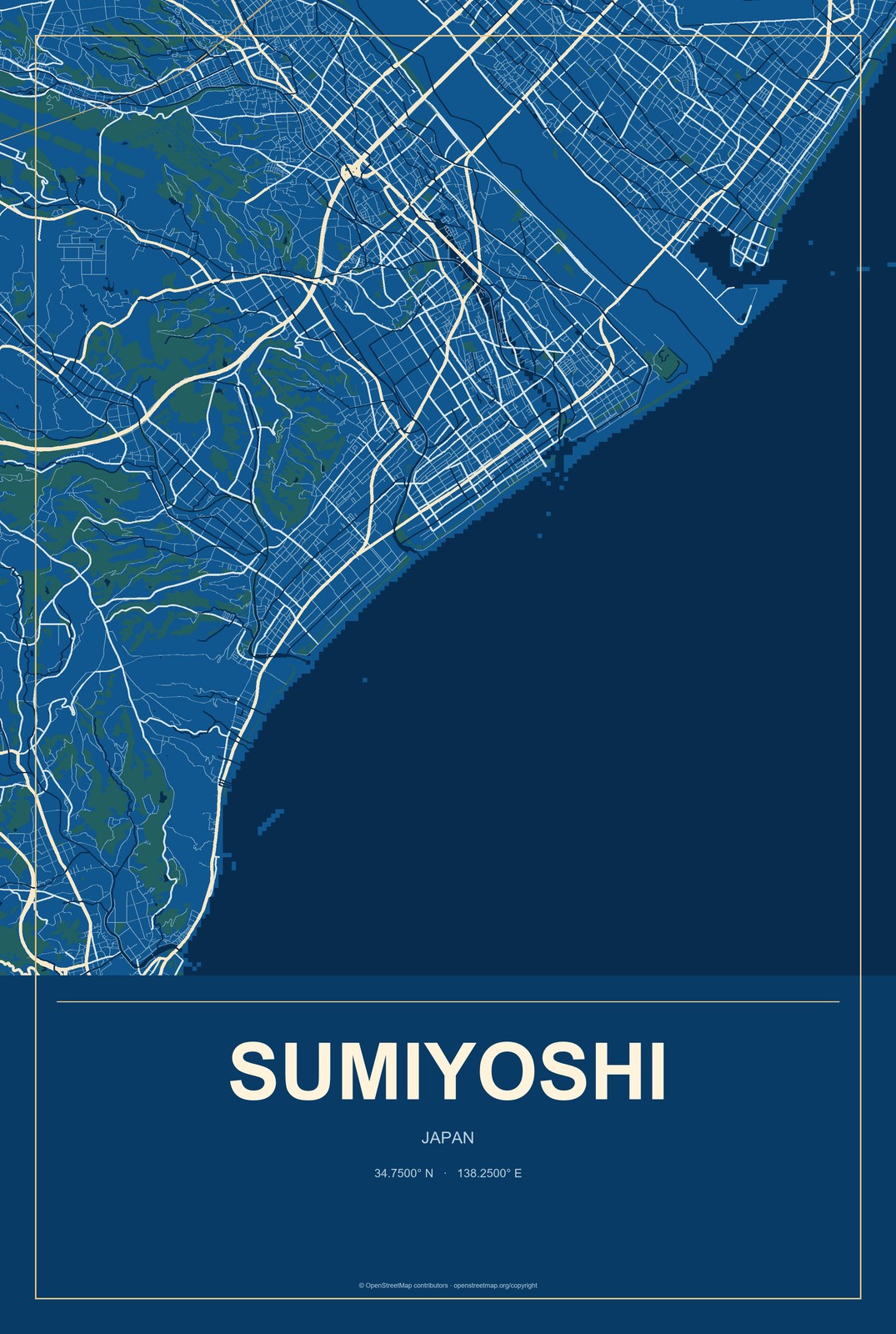 Sumiyoshi, Japan City Map Aluminum Sign in Harbor Cobalt style