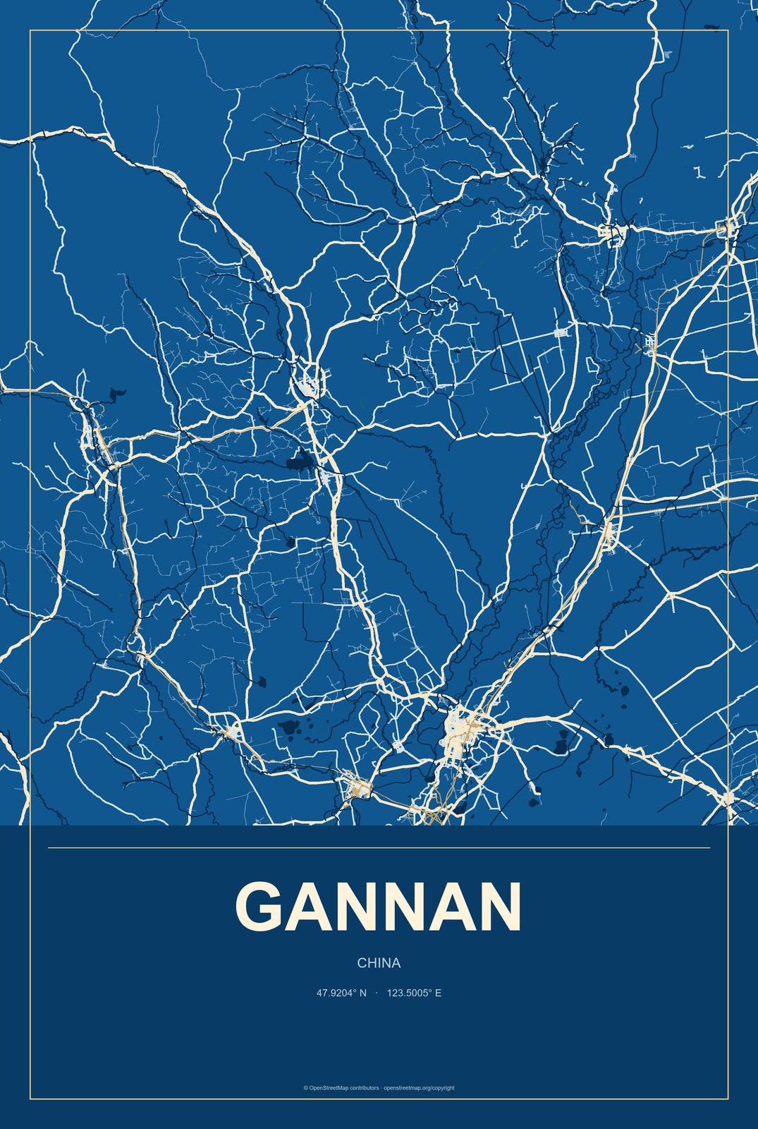 Gannan, China City Map Aluminum Sign in Harbor Cobalt style
