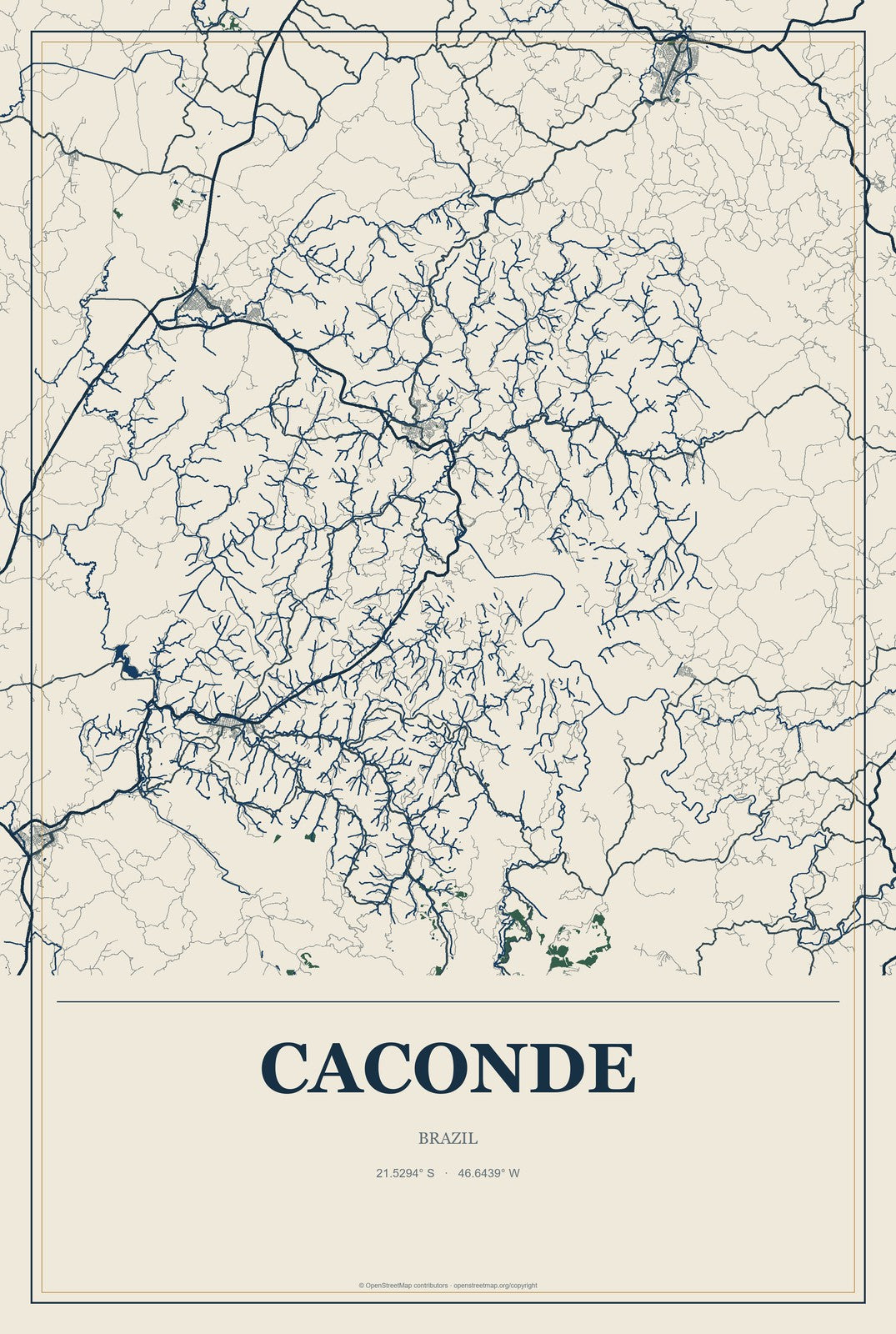 Caconde, Brazil City Map Aluminum Sign in Coastal Cutout style