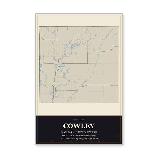 Cowley County, Kansas Map Aluminum Sign in Museum Plaque style