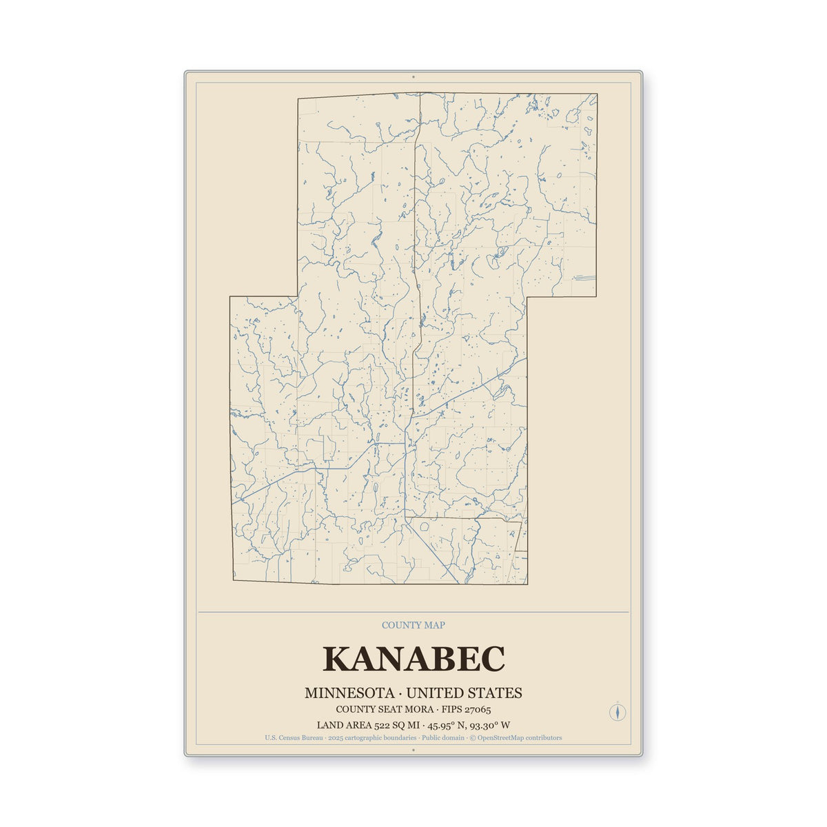 Kanabec County, Minnesota Map Aluminum Sign in Heritage Nautical style