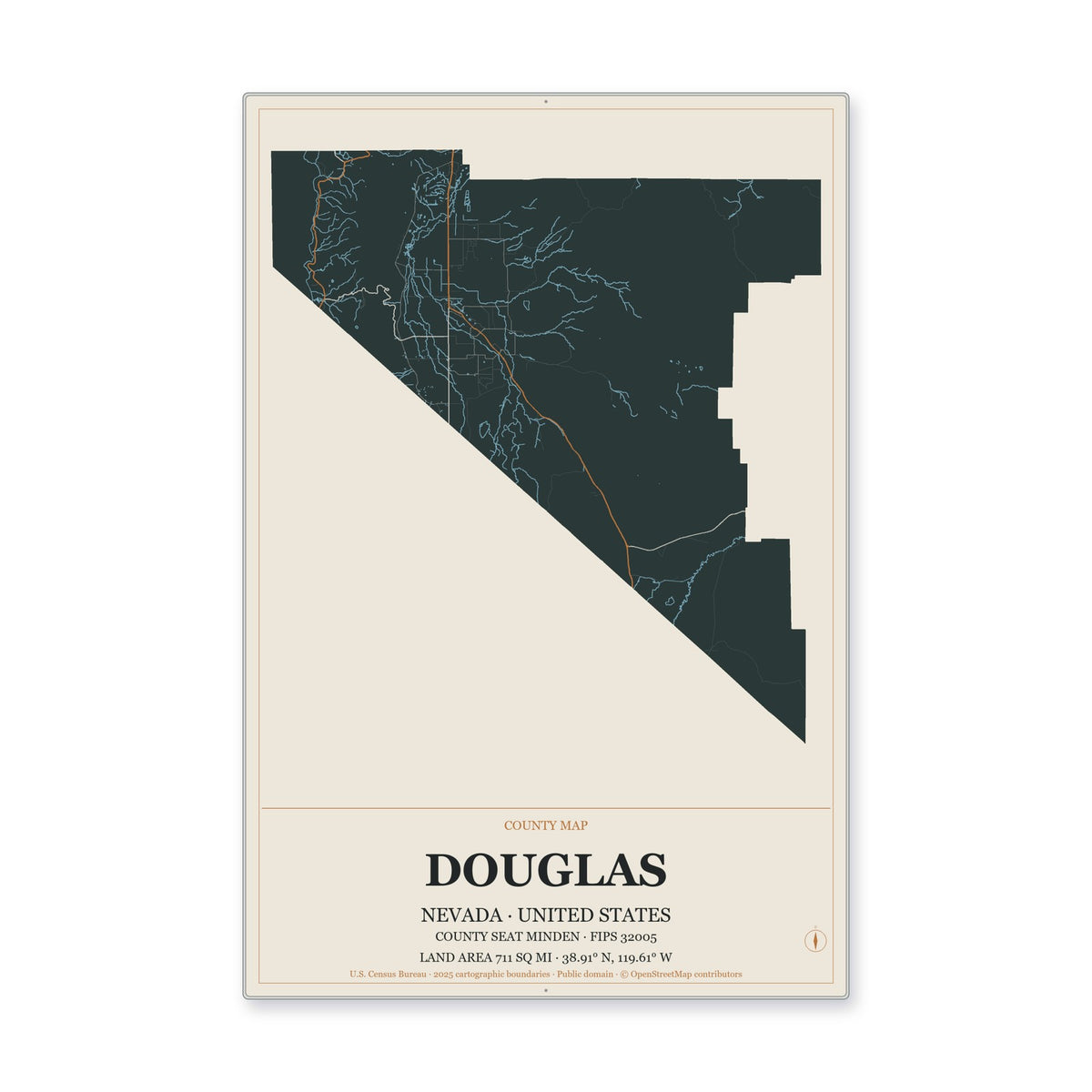 Douglas County, Nevada Map Aluminum Sign in Headline Atlas style