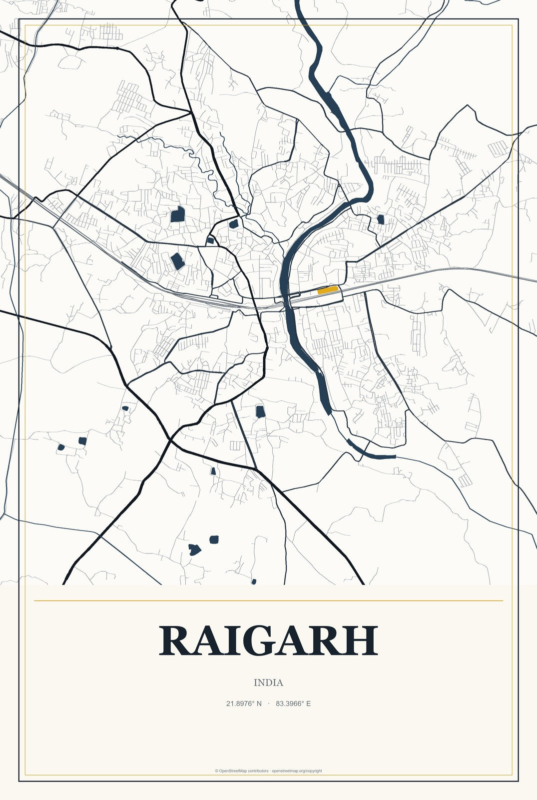 Raigarh, India City Map Aluminum Sign in Citrine Modern style