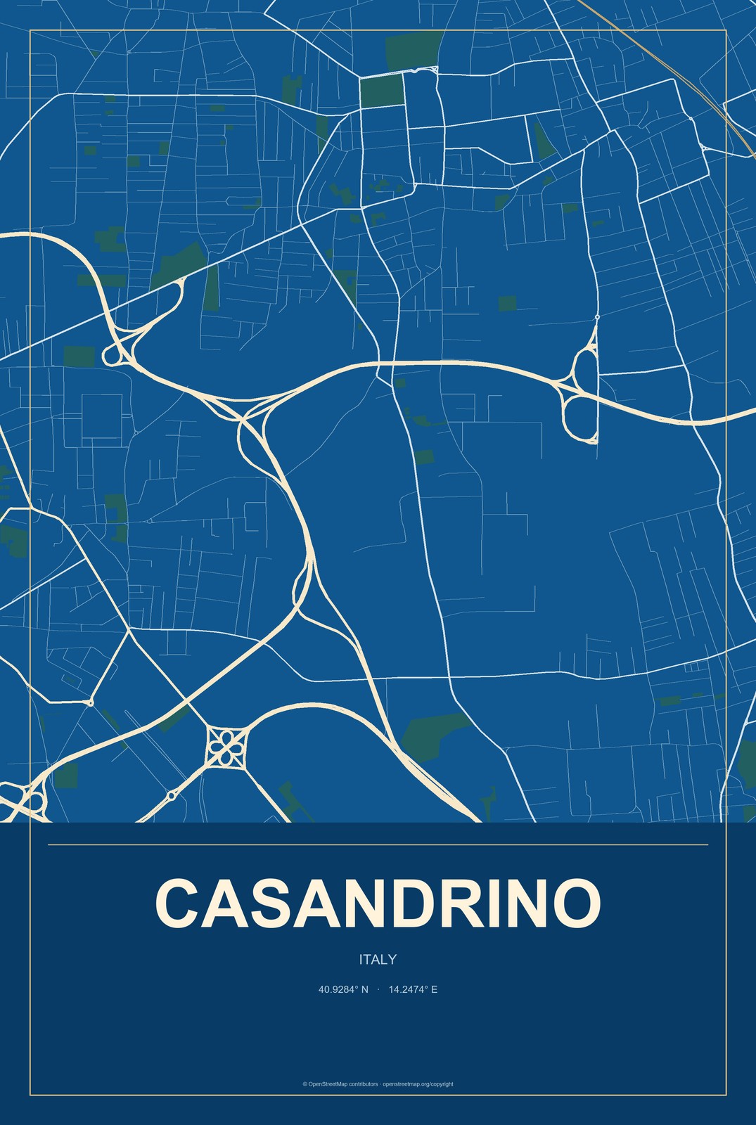 Casandrino, Italy City Map Aluminum Sign in Harbor Cobalt style