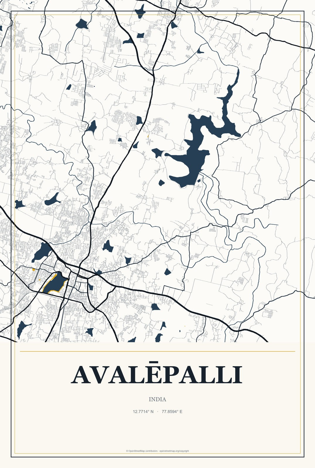 Avalēpalli, India City Map Aluminum Sign in Citrine Modern style