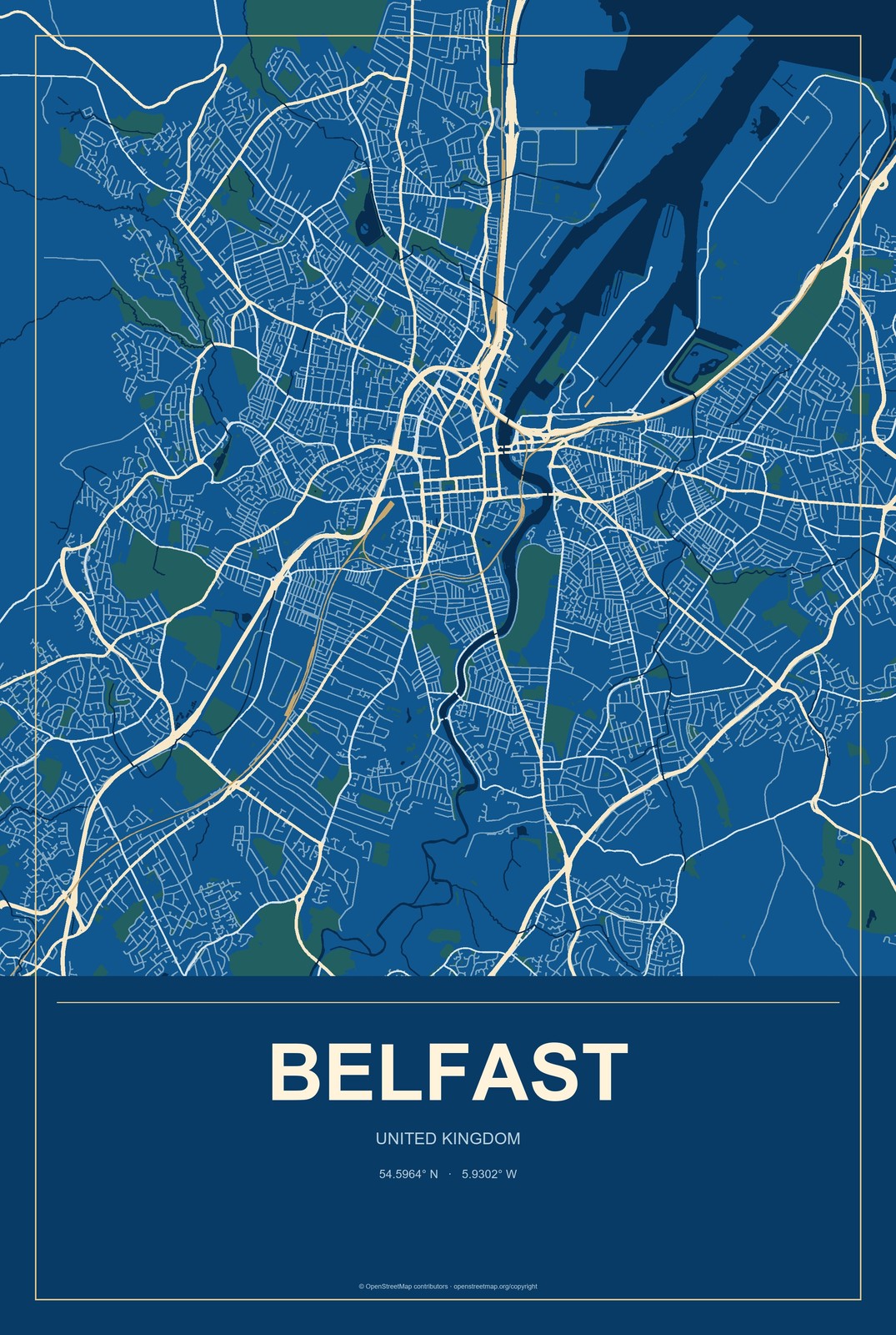 Belfast, United Kingdom City Map Aluminum Sign in Harbor Cobalt style