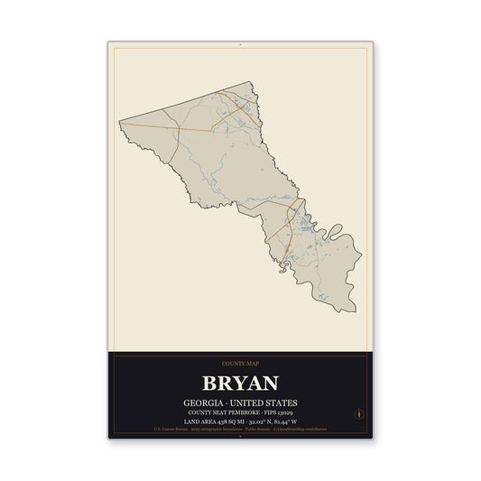 Bryan County, Georgia Map Aluminum Sign in Museum Plaque style