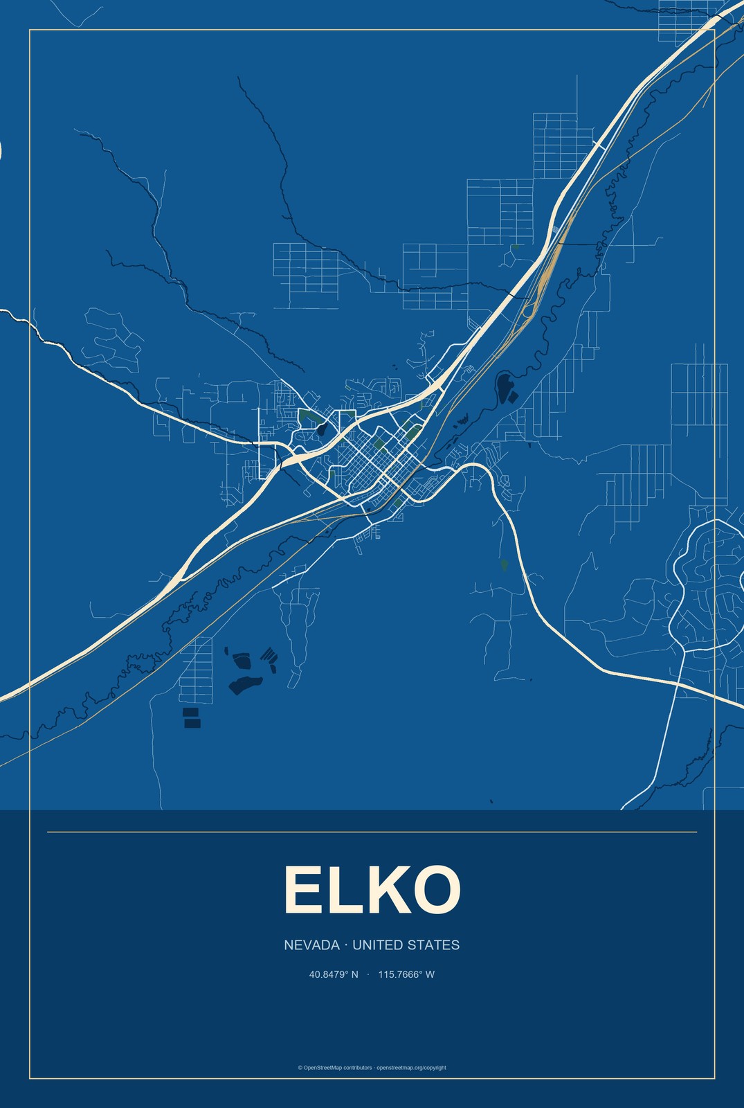 Elko, Nevada City Map Aluminum Sign in Harbor Cobalt style