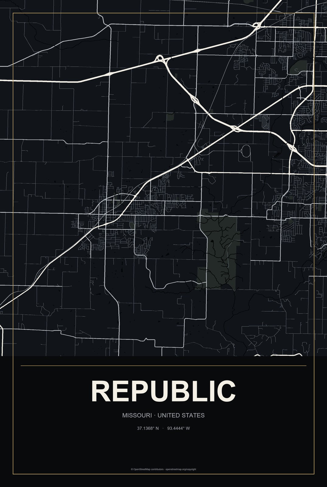 Republic, Missouri City Map Aluminum Sign in Metropolitan Noir style