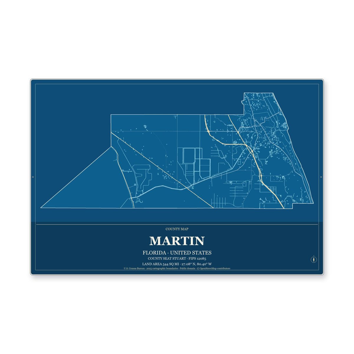 Martin County, Florida Map Aluminum Sign in Harbor Cobalt style