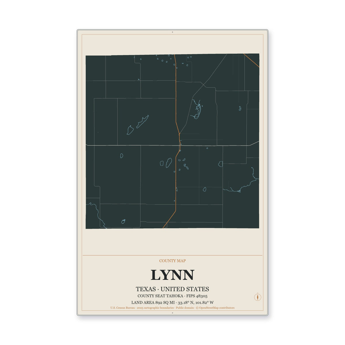 Lynn County, Texas Map Aluminum Sign in Headline Atlas style