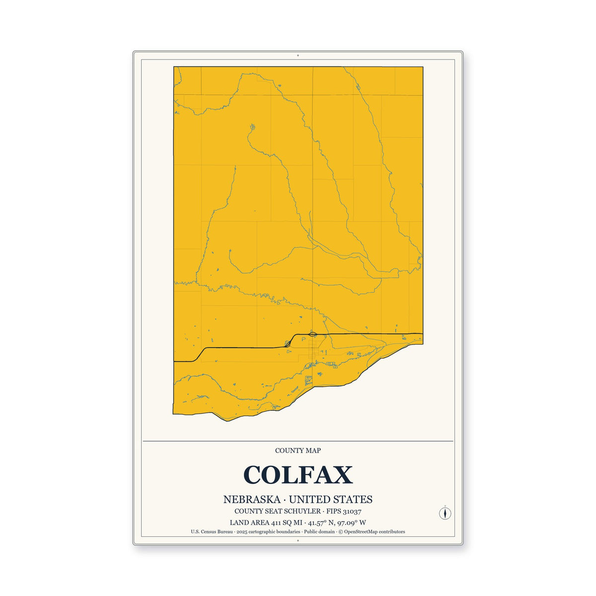 Colfax County, Nebraska Map Aluminum Sign in Citrine Modern style