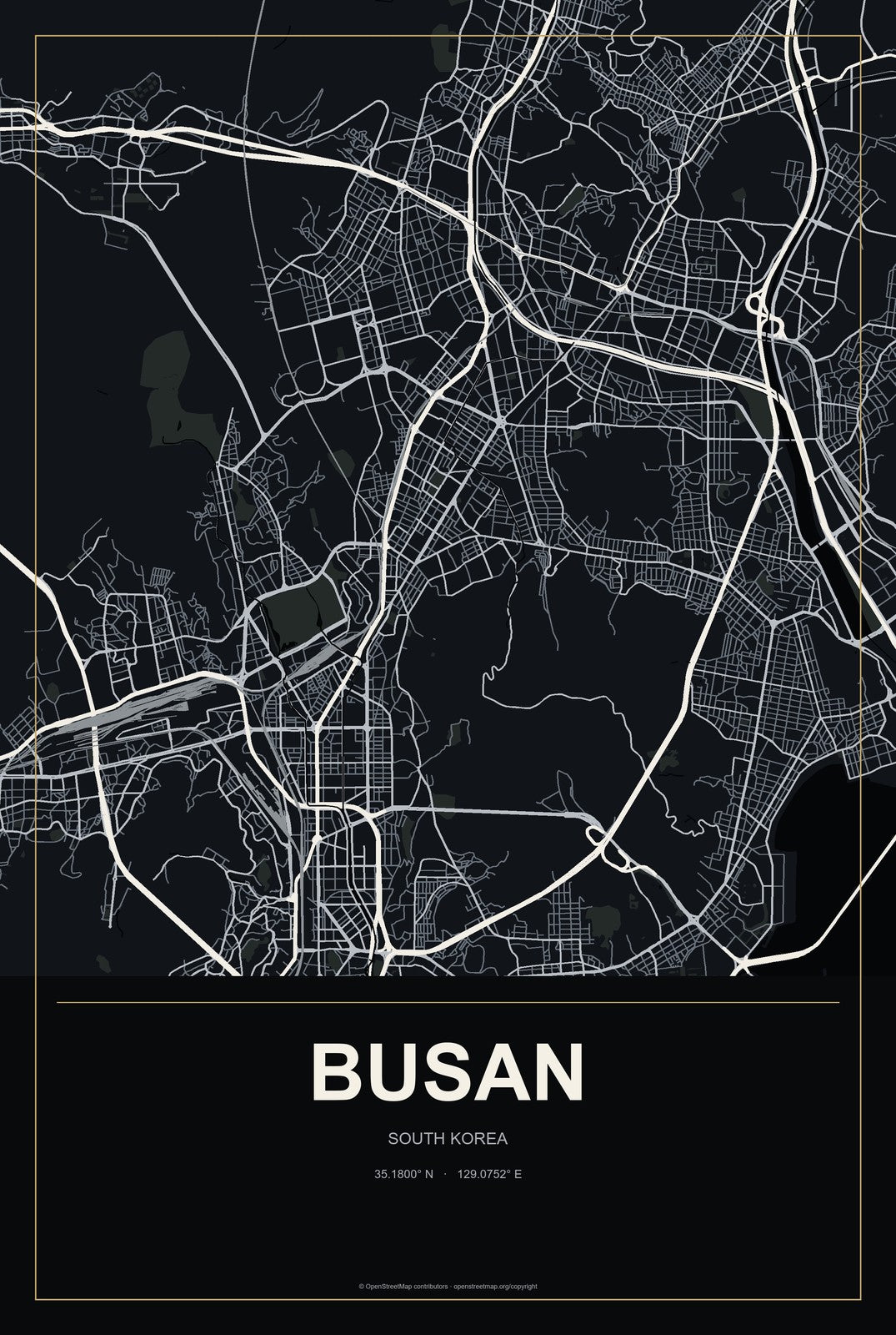 Busan, South Korea City Map Aluminum Sign in Metropolitan Noir style
